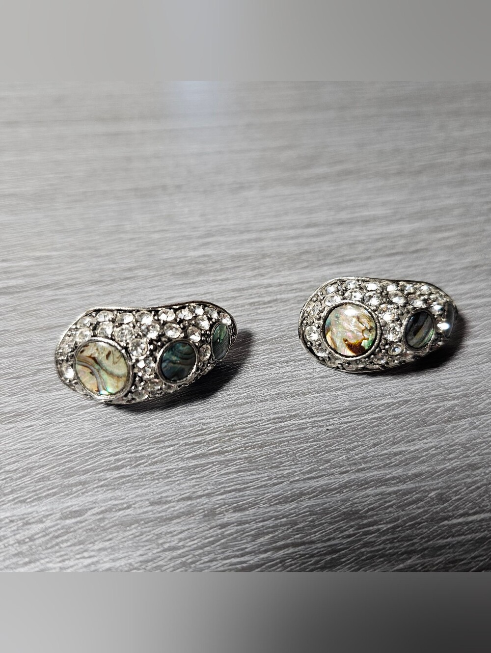 Vintage Abalone Shell And Rhinstone Clip-on Earrings